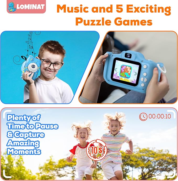 Kids Camera for 3, 4, 5, 6, 7, 8, 9 Year Old Boys Girls – 1080P HD Kids Video Camera, Dinosaur Christmas Birthday Gifts Dual Lens Digital Camera with Games, Toys for Toddlers - 32GB SD Card