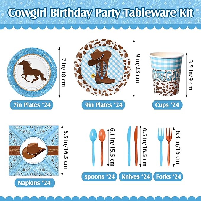 Gejoy 171 Pcs Western Cowboy Birthday Party Tableware Supplies for 24 Guests Cowboy Plates Napkins Birthday Banners Tablecloths Cups Knives Forks and Spoons for Party Decorations