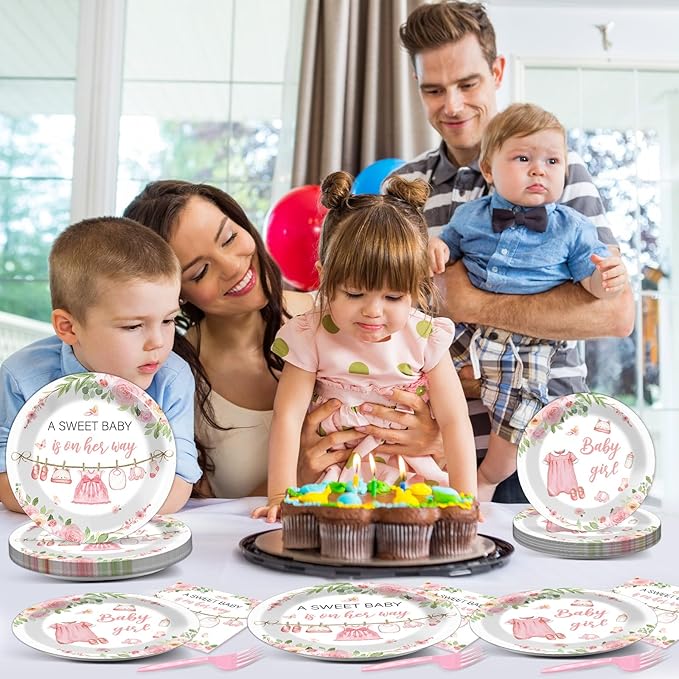 96Pcs Floral Baby Girl Baby Shower Plates and Napkins Decoration Pink Girl Party Tableware Dinnerware Set Rose Gold Paper Plates for Babies Girls Gender Reveal Party Supplies Serves 24 Guests