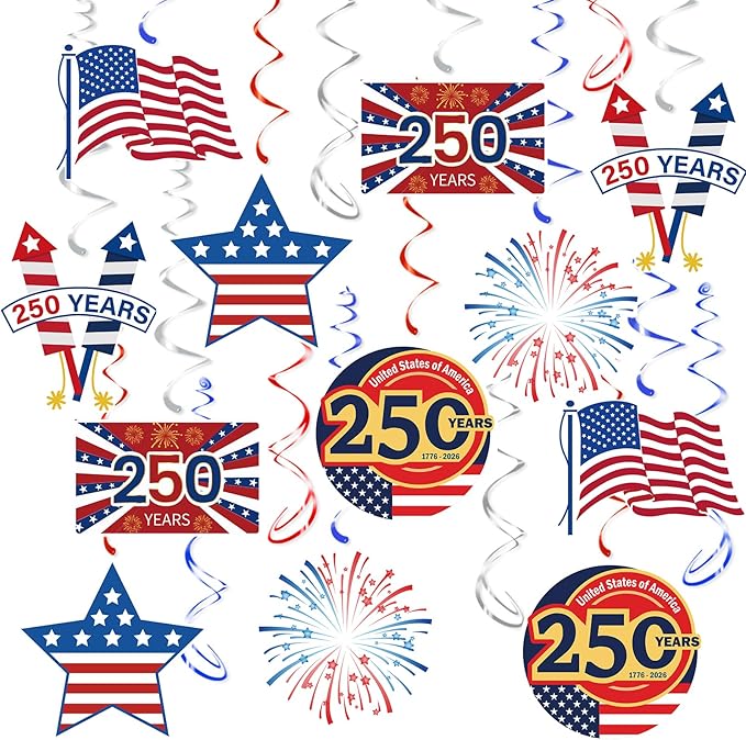 USA 250th Anniversary Hanging Swirls, 30Pcs United States 250 Years Ceiling Streamers Hanging Ornaments for American Anniversary Party Decorations