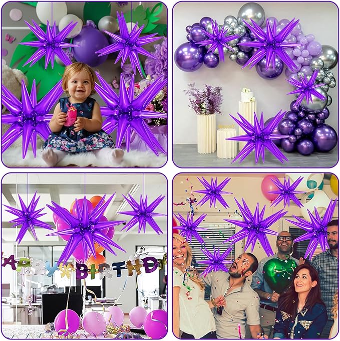 10 Pcs Purple Star Balloons Explosion Starburst Balloons Foil Cone Balloon Magic for Birthday Wedding Anniversary Party Backdrops Decorations Supplies, 6 Pcs 22Inches and 4 Pcs 27Inches