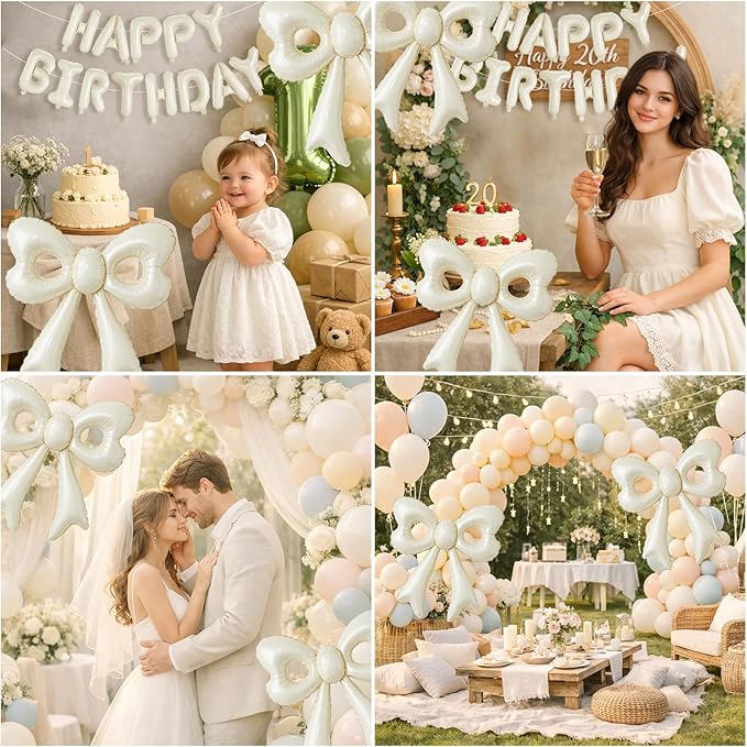 4 Pcs Cream Bow Balloons, 31”Huge Beige Bow Aluminum Foil Balloons for Birthday, Baby Shower, Wedding, Bridal, Engagement, Bachelorette, Gender Reveal, Princess Party Decorations Supplies