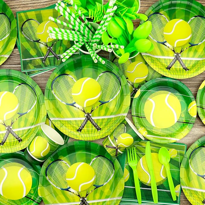 Tennis Birthday Party Decorations - Tennis Party Supplies including Backdrop, Plate, Cake Topper, Cup, Napkin, Balloon, Tablecloth - Serves 20