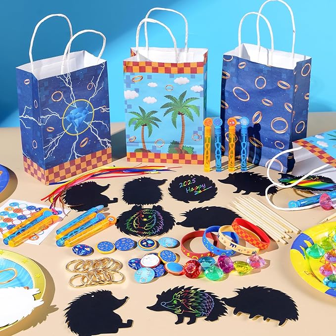 Vanblue Hedgehog Party Favors Theme Birthday Party Decorations Supplies Goodie Bags Stuffers Gift Bag Silicone Wristband Acrylic Diamond Gems Gold Rings Pinata Fillers
