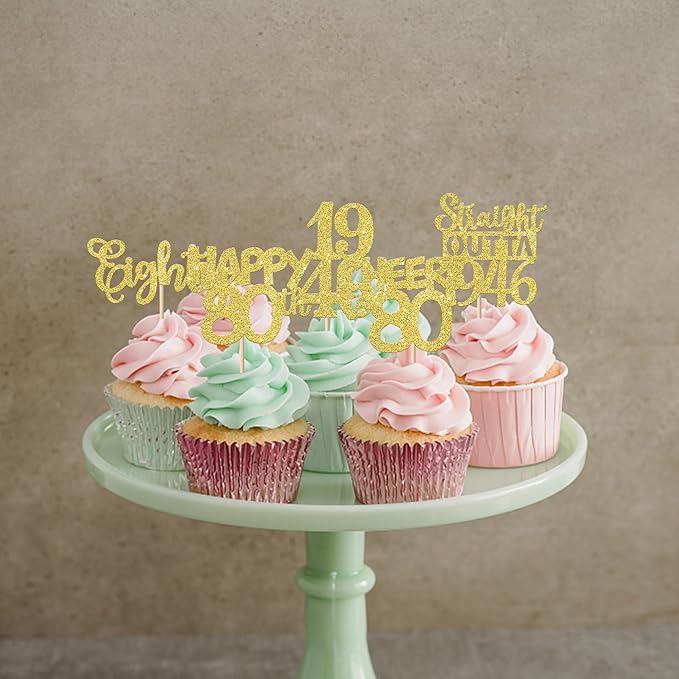 30PCS Happy 80th Birthday Cupcake Toppers Gold Glitter Eighty Straight Outta 1946 Cupcake Picks 80 Fabulous Cake Decorations for 80th Birthday Anniversary Party Decoration Supplies