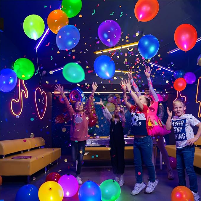 100pcs LED Glow Balloons Set Includes 50 PCS LED Round Mini Balloon Lights and 50 PCS UV Neon Balloons Glow in the Dark for Birthday Decorations Wedding Decoration Supplies