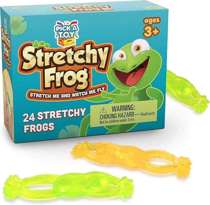 PICK A TOY Slingshot Rubber Frog 24 Set, Sticky Toys You Throw At The Wall, Stretchy Wall Crawler Toy, Party Favors for Kids, Goodie Bags, Pinata Filler, Easter Egg Stuffer