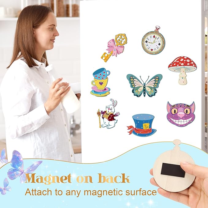 Bafeil 24 Sets Alice Party Favors, DIY Wooden Painting Crafts Kit with Magnets, Wonderland Birthday Decorations, Tea Party Supplies Goodie Bags Gifts Stuffers Prizes Classroom Rewards
