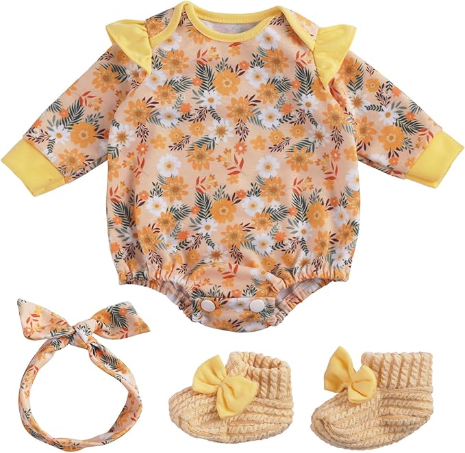 BABESIDE 3 Pcs Reborn Baby Doll Clothes for 17-22 Inch Babydolls, Floral Pattern Babydoll Clothes with Shoes and Headband for Lifelike Reborn Baby Dolls Accessories, Yellow