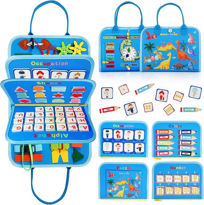 Toddler Busy Board Montessori Toys - Sensory Busy Book for Toddlers 1-3, Dinosaur Learning Activity for Fine Motor Skills, Airplane Car Travel Toy, Birthday Gift for 1 2 3 Year Old Boy Girl