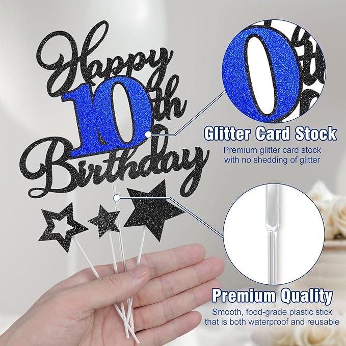 10th Birthday Cake Topper, Black Blue Happy 10th Birthday Cake Toppers for Boy Girl, 10 Years Old Birthday Party Supplies, Glitter Cake Decor, 10th Birthday Cake Decorations
