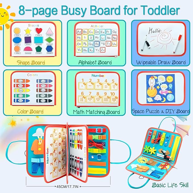 Busy Board for Toddlers 1-3 Sensory Busy Book for 1+ Year Old Boys Girls Montessori Learning Activity Books Birthday Christmas Toddler Gift (Green)
