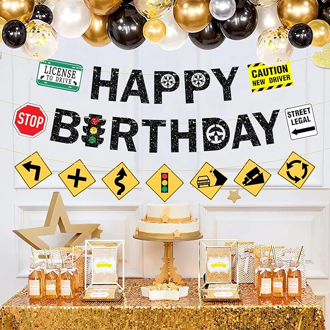 Pre-Strung Driver’s License Birthday Decorations, NO DIY Glitter Happy Birthday Banner New Driver Car Road Signs, 16th 17th Learner Driver Birthday Party Supplies