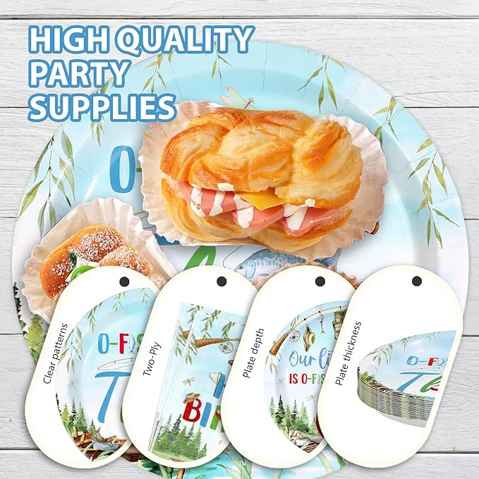 96Pcs Fishing 3rd Birthday Party Decorations Gone Fishing Three Paper Plates and Napkins Ofishally Three Disposable Tableware Set for Fisherman Baby Shower 3rd Birthday Party Supplies, Serves 24