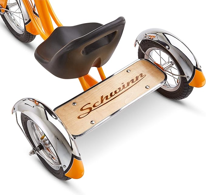 Schwinn Roadster Bike for Toddler, Kids Classic Tricycle, Low Positioned Steel Trike Frame with Bell and Handlebar Tassels, Rear Deck Made of Genuine Wood, for Boys and Girls Ages 2-4 Year Old, Orange
