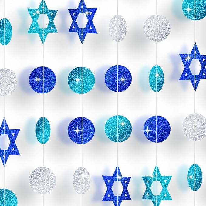 MARFOREVER 41 Ft Hanukkah Decorations Hanging Banner 5 PCS Chanukah Decorations Glitter Blue White Star of David Streamers Swirls Hanukkah Garland for Jewish Party Home Wall Ceiling Decor