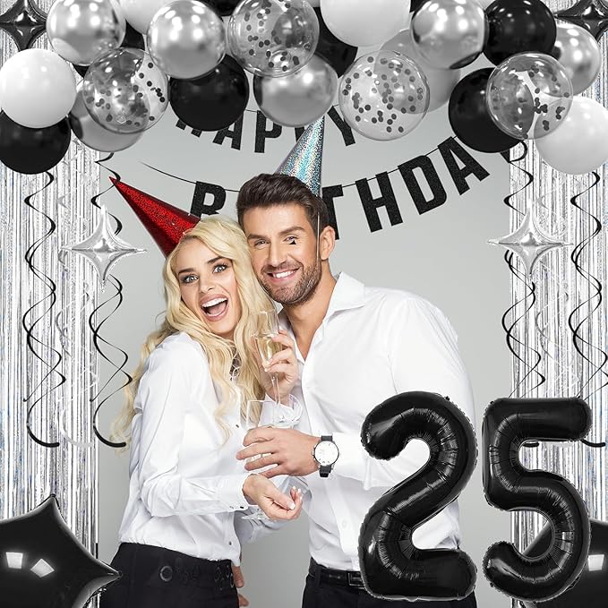 25th Birthday Decorations for Boys Girls, Silvery and Black Happy 25th Birthday Banner,Number 25 Balloons Arch Kit for 25 year old Birthday Party Decorations