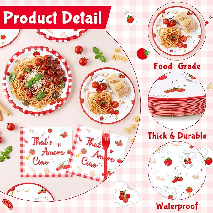 Haooryx Baby Pasta Noodle Party Tableware - 96Pcs Red Tomato Italian Noodle Baby Print Decor Disposable Paper Plates Napkins Plastic Forks for Baby Shower Boys Girls Birthday Party Table Decor Supply