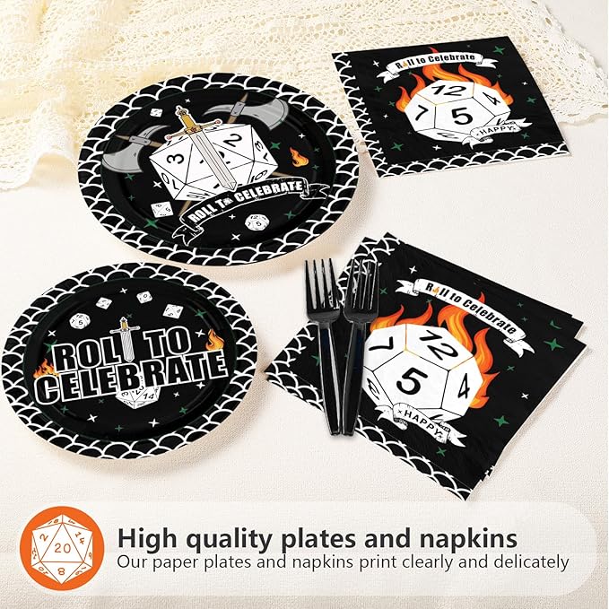 96Pcs D20 Dice Party Supplies Dungeons Game Themed Dragons Dice Plates and Napkins Roll to Celebrate Tableware Set for Role-Playing Birthday Game Theme Party Supplies，Serves 24
