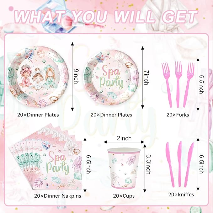 120PCS Spa Party Supplies Pink Makeup Themed Birthday Party Decorations for Girls Child Kids Slumber Sleepover Pajama Tableware Set Plates Napkins Cups Forks Knives for 20 Guests
