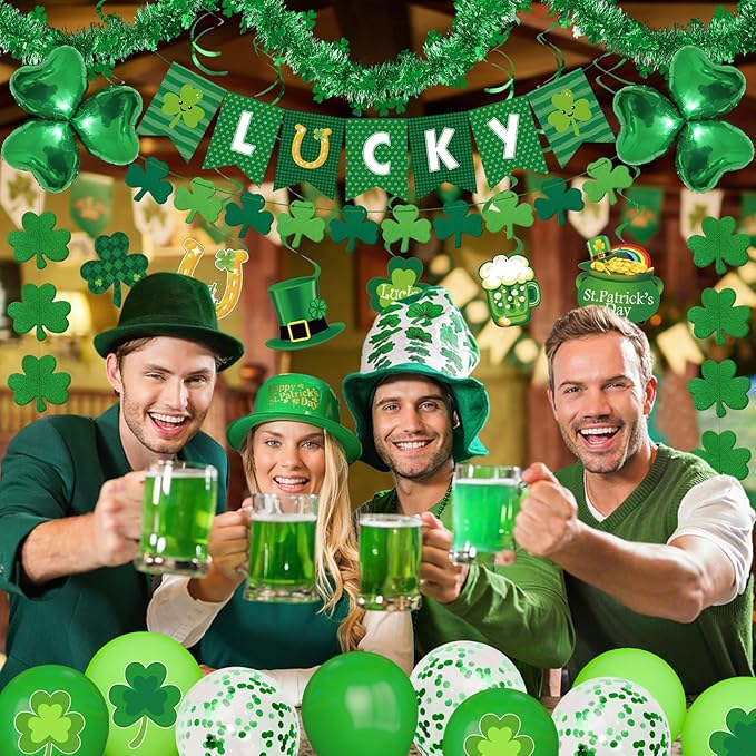 61Pcs St. Patrick's Day Decorations, Lucky Shamrock Banner Shamrocks Garland Saint Patrick Hanging Swirl Cutout 6.56FT St Patricks Day Garland Balloons for Irish Lucky Day Home Party Supplies