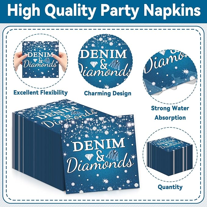 gisgfim 96Pcs Denim and Diamonds Party Plates and Napkin Party Supplies Denim Theme Party Jacket Jeans Tableware Set Crystal Paper Dinner Bachelorette Party Decorations for Wedding Serves 24