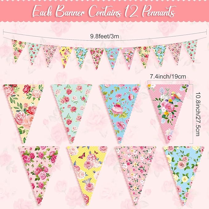 Faccito 49 Ft 60 Pcs Tea Floral Party Paper Bunting Decor Outdoor Bunting Banner Floral Pennant Wildflower Garland Tea Party Birthday Supplies for Wonderland Garden Baby Shower Bridal Wedding Bedroom