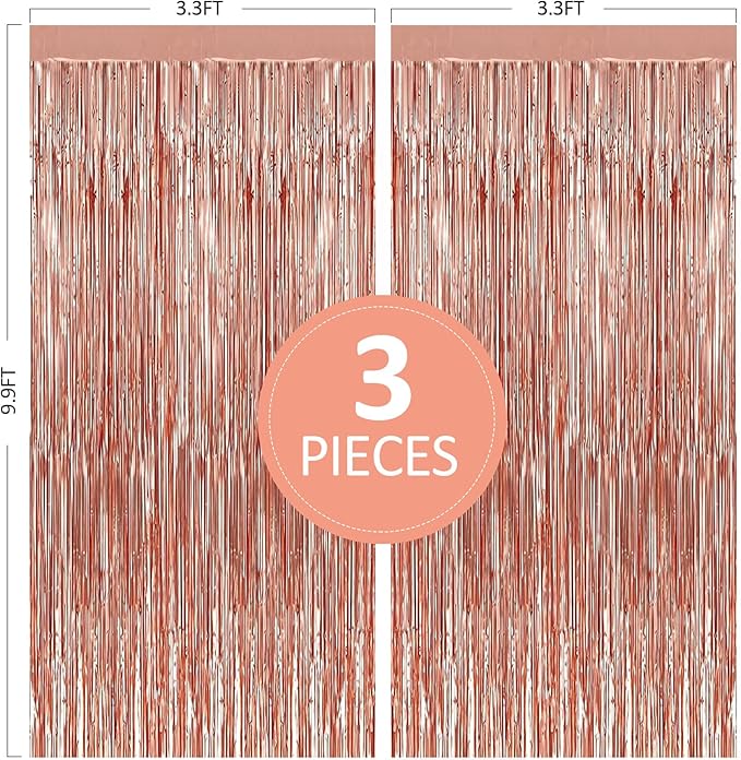 3 Pack 3.3 x 9.9 ft Rose Gold Foil Fringe Backdrop Curtain, Streamer Backdrop Curtains, Streamers Birthday Party Decorations, Tinsel Curtain for Parties, Galentines Decor, Photo Booth