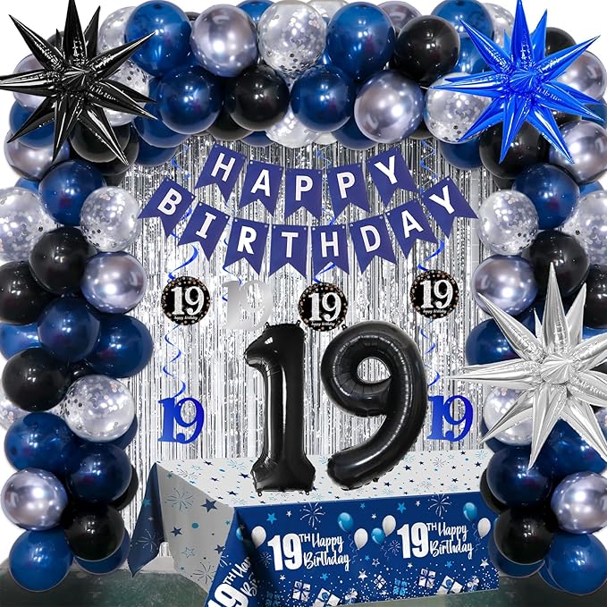 19th Birthday Decorations for Boys and Girls Dark Blue, 19 Birthday Decorations with HAPPY BIRTHDAY Banner 19 Balloon Number Tablecloth Foil Star Balloons Garland Arch Kit-19 Year Old Party Supplies