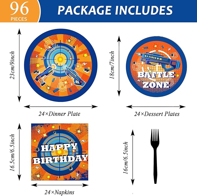 96 Pcs Dart War Plates and Napkins Party Supplies Dart War Themed Birthday Tableware Set Blue and Orange Party Decorations Favors for Kids Boys' Birthday Baby Shower Serves 24