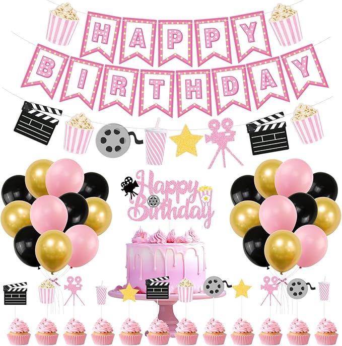 K KUMEED Happy Birthday Decorations,Movie Theme Party Decorations Pink Popcorn Camera Movie Theater Decorations Cute Cake Topper Latex Balloons for Birthday Party Movie Night Party Supplies Girls