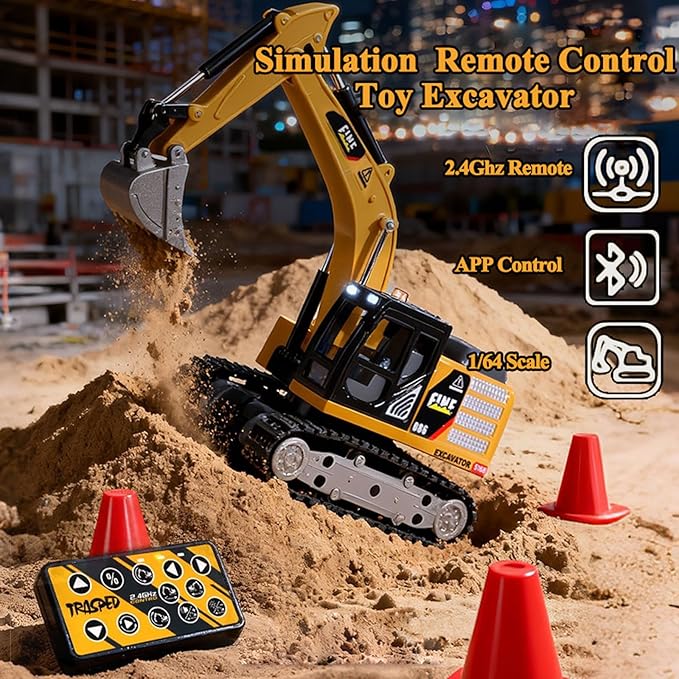 RC Excavator, 1/64 Scale Metal RC Truck, 2.4GHz Construction Vehicle with Sounds & Light, Dual Speed, APP Control, Hobby Toy for Adults and Kids