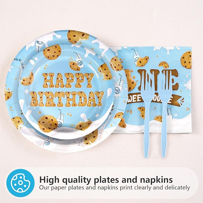 96Pcs Milk and Cookies 1st Birthday Decorations One Sweet Cookie Birthday Plates and Napkins Chocolate Chip Cookies and Milk Drinks Tableware Set for Boy One Year Old birthday Party Supplies Serves 24