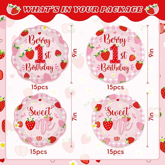 212ps Berry First Birthday Decor Strawberry 1st Birthday Paper Plates Cups Napkins Tablecloth Forks Tableware Berry 1st Bday Party Supplies Sweet One Girls Strawberry Baby Shower Decorations Serve 30