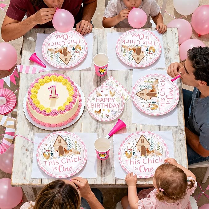 96Pcs Chicken 1st Birthday Party Supplies This Chick Is One Party Plates and Napkins Disposable Farm Animal Barnyard Little Chick Tableware Set for Kids Baby Shower One Year Old Birthday Decor