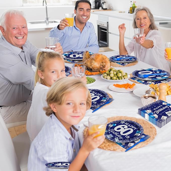 96 Pcs 60th Birthday Party Supplies Navy Blue and Silver Birthday Plates 60th Birthday Paper Tableware Happy Birthday Party Plates and Napkins Forks Blue Birthday Table Decorations for 24 Guests
