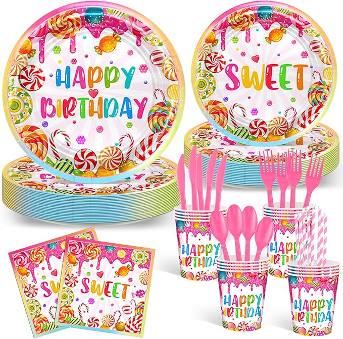 Avezano 192 Pcs Candyland Party Decorations Lollipop Dessert Theme Birthday Party Decorations Disposable Candy Land Tableware Party Supplies Paper Plates Napkins Forks Set for 24 Guests