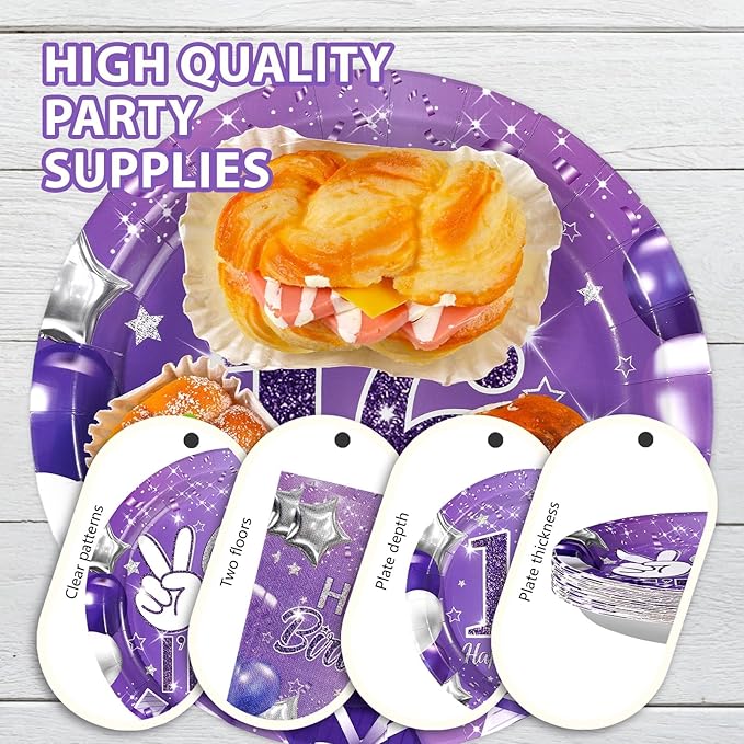 Grencian 96Pcs Purple 10th Birthday Decorations for Girls Purple 10th Birthday Plates and Napkins Disposable Glitter Out Single Digits I'm 10 Paper Tableware for 10 Years Old Party Supplies, Serves 24