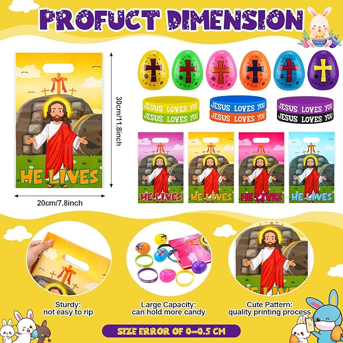 108 Pcs Easter Religious Party Favor Easter Eggs Fillers Christian Goody Bags Jesus Loves You Wristbands Party Supplies for Gift Church (Jesus)