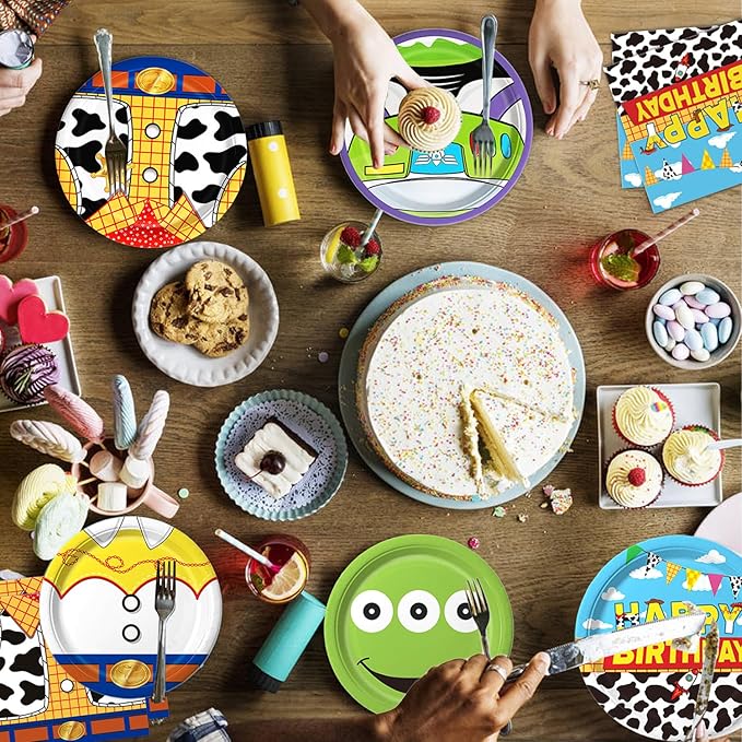 90Pcs Cartoon Birthday Party Supplies Cartoon Plates Napkins Tableware for Toy Theme Birthday Decor for 30 Guests