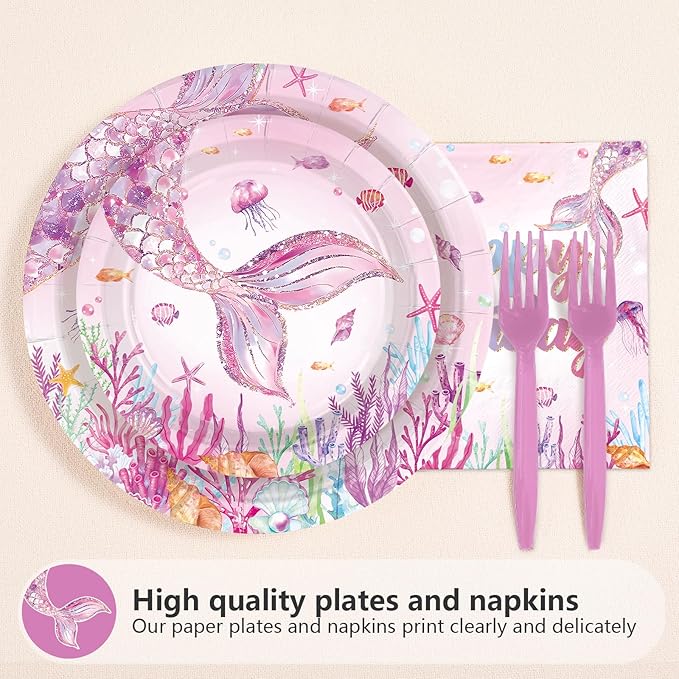 96Pcs Mermaid 5th Birthday Party Supplies Dive Into Five Party Plates and Napkins Disposable Mermaid Ocean Sea Animal Tableware Set for Girls 5 Year Old Birthday Decorations, Serves 24
