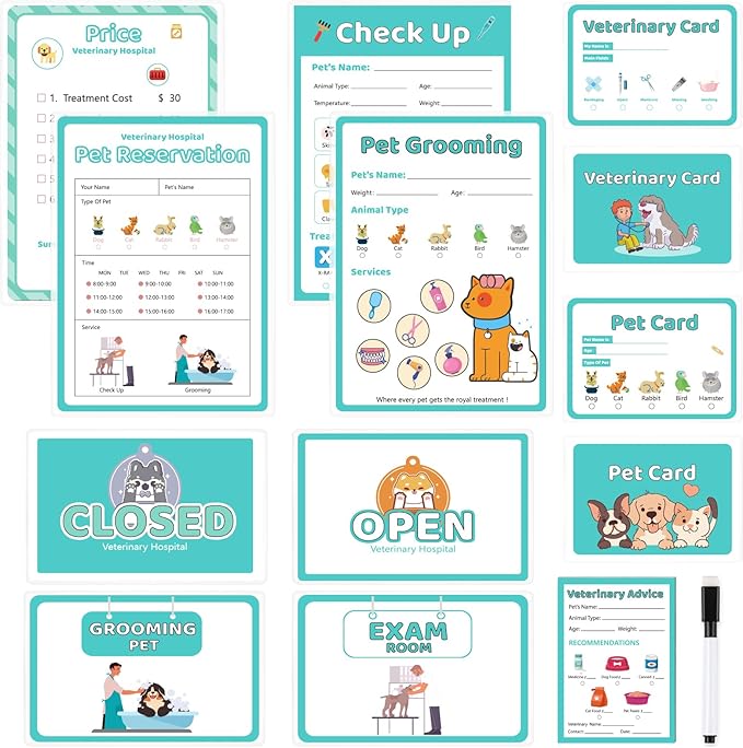 8 PCS Pretend Play Vet Kit Animal Care Pretend Play Veterinarian Supplies Pretend Vet Notepad Kids Double-Sided Imagination Playtime Pads Doctor 30 Pages with Pen for Toddler