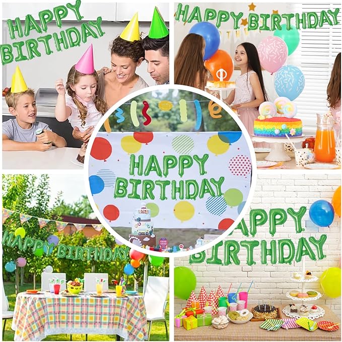 Green Happy Birthday Balloons Banner 16 Inch Mylar Foil Letters, Inflatable Party Decor and Birthday Decorations for Women, Men, Boys & Girls Kids and Adults, Reusable, Party Supplies