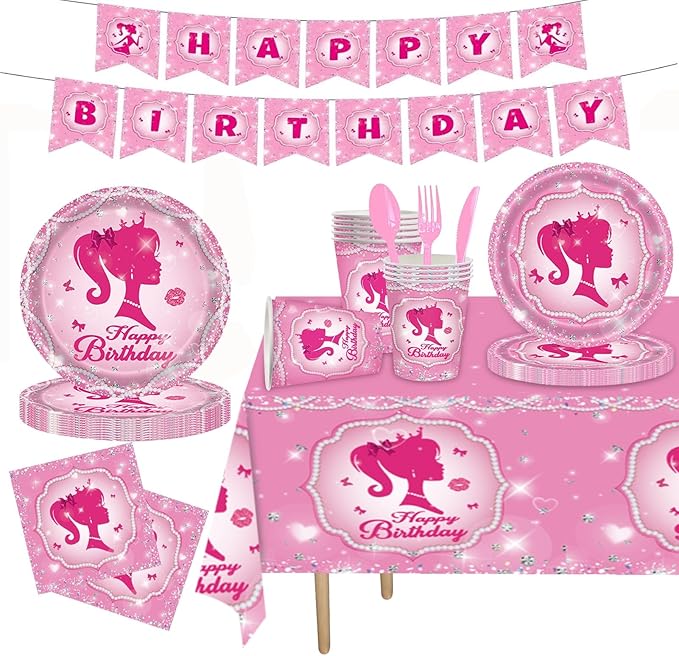 170 Pcs Girl Party Plates for Princess Pink Party Decoration, Serves 24 Guests Plates and Napkins Cup Tablecloth Dinnerware for Princess Doll Theme Girl Birthday Party Tableware (24 Guests)