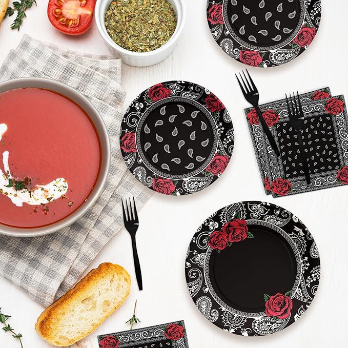 96PCS Black Bandana Western Party Decorations Cholo Gangsta Party Plates Disposable Black Bandana Tableware Set for Early 2000s Cholo Theme Western Birthday Party Supplies, Serves 24