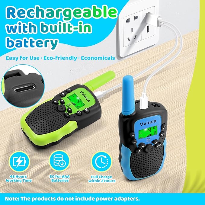 Vvinca Rechargeable Walkie Talkies for Kids 4 Pack, 5-7 Year Old Boy Toys Long Range 22 Channels 2 Way Kids Walkie Talkie with Flashlight for Camping Hiking Indoor Outdoor 3 4 5 6-12 Girl Boy Gift