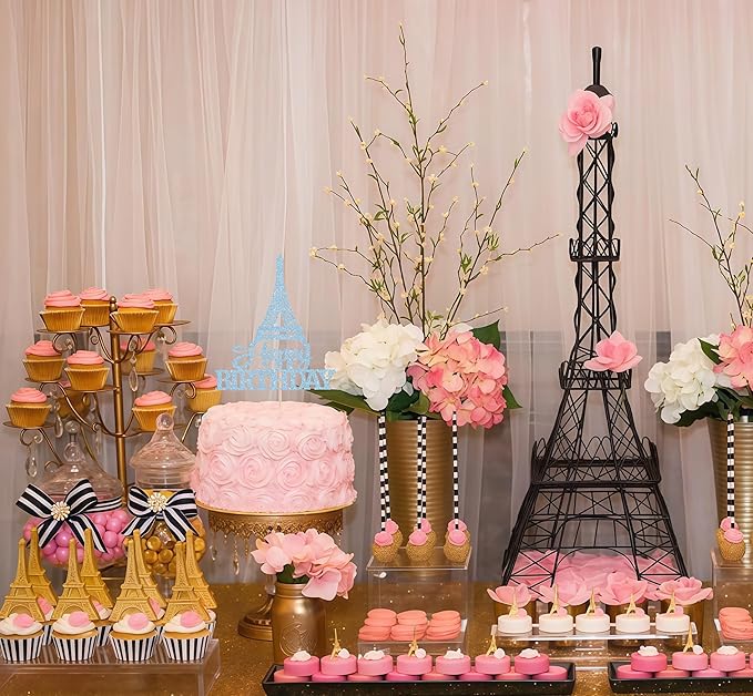 Eiffel Rower Birthday Cake Topper - Light Blue Glitter Eiffel Rower Theme Birthday Party Cake Decoration Supply - Boy or Girl Architecture Theme Party Cake Decor Photo Prop