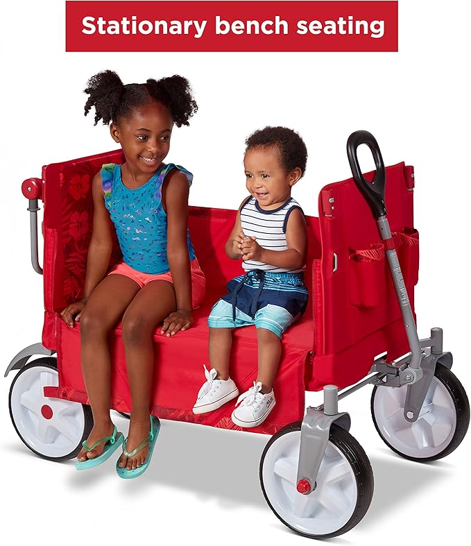 Radio Flyer Beach & Boardwalk 3-in-1 EZ Fold Wagon, for Kids 1.5+, UV Shade, One-Hand Flat Fold, Seats 2 or Converts to Bench, DuraClean Fabric, Beach Tires, 150 lb Capacity, Wagon for Kids & Cargo
