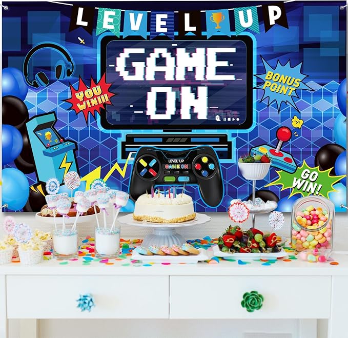 Blulu Video Game Party Decoration Video Gaming Photo Backdrop Background Birthday Photo Banner Gamer Room Decor for Game Fans Video Gamer Party Decoration Supplies (70.9 x 43.3 Inch)