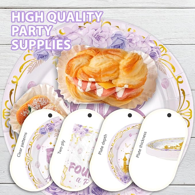 96 Pcs Princess Birthday Party Supplies Purple Four Ever a Princess Plates and Napkins Disposable Purple Castle 4th Tableware Set for Girls 4 Year Old Happy Birthday Party Decorations Serves 24